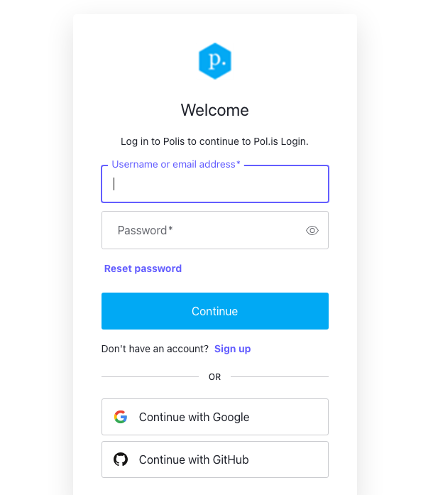 pol.isのログイン画面。メールアドレスとパスワードの入力欄、Sign upリンク、Google・GitHubログインボタンがある