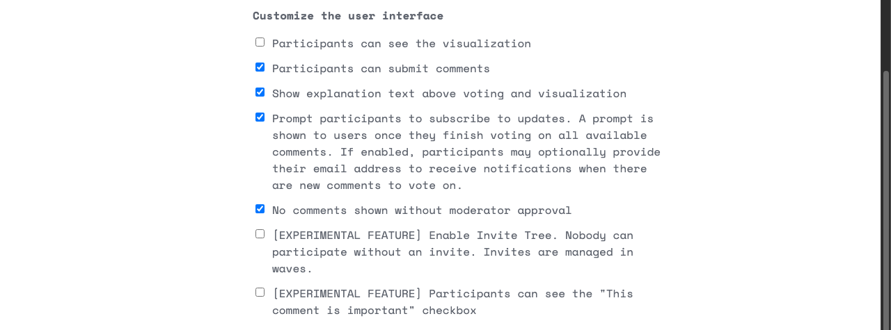 Customize the user interfaceのチェックボックス群。No comments shown without moderator approvalにチェックが入っている