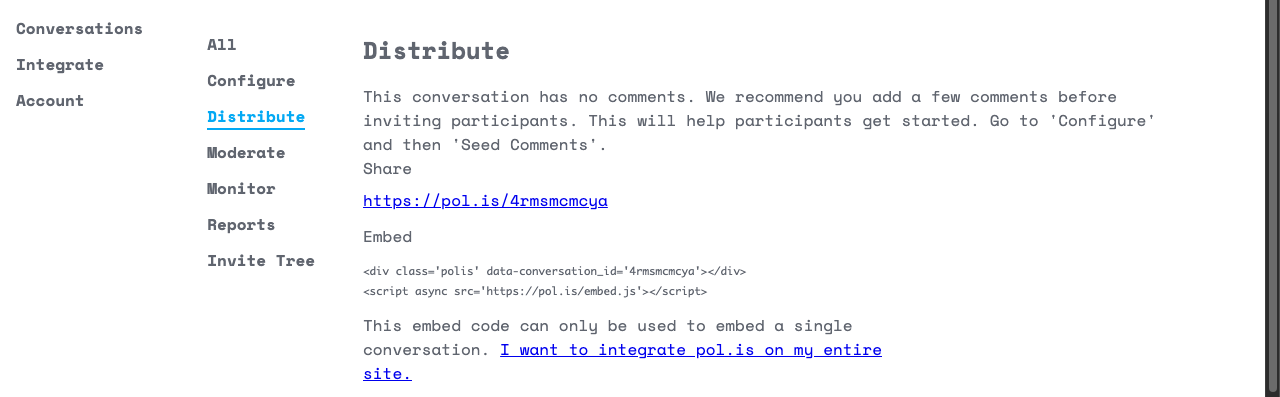 Distribute画面。Share欄に参加用URL、Embed欄に埋め込みコードが表示されている